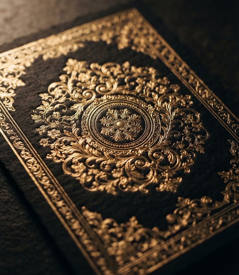 Luxury wedding invitation card mockup with gold foil embossing on heavy textured black paper, warm dramatic side-lighting, shallow depth of field