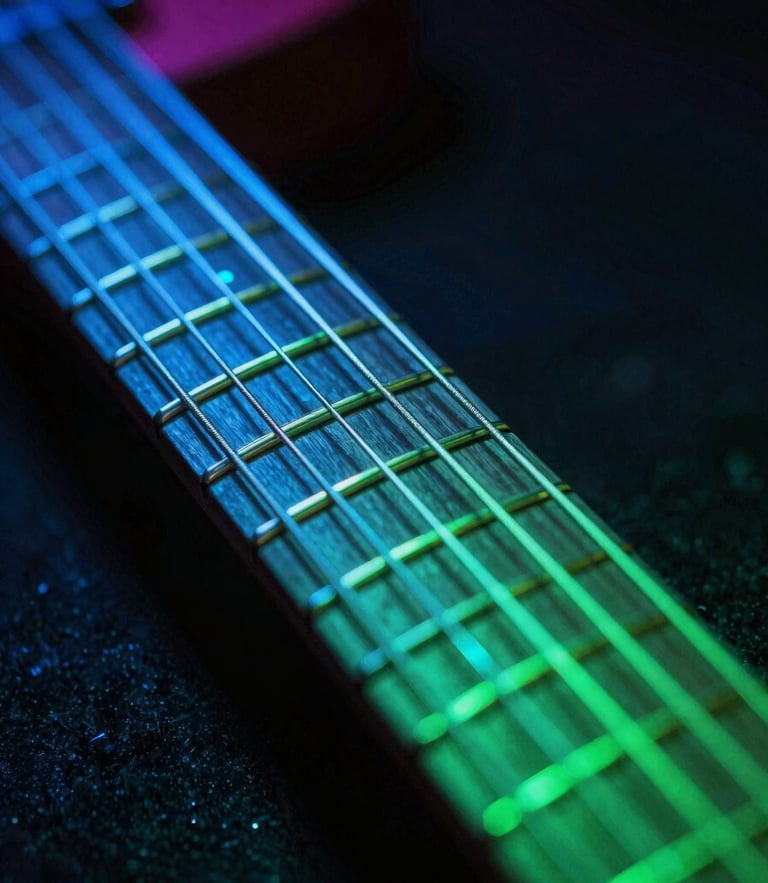Extreme close-up of a high-end electric guitar fretboard illuminated by neon electric-blue and laser-green backlighting, fingers pressing on strings, dark moody background, 35mm lens
