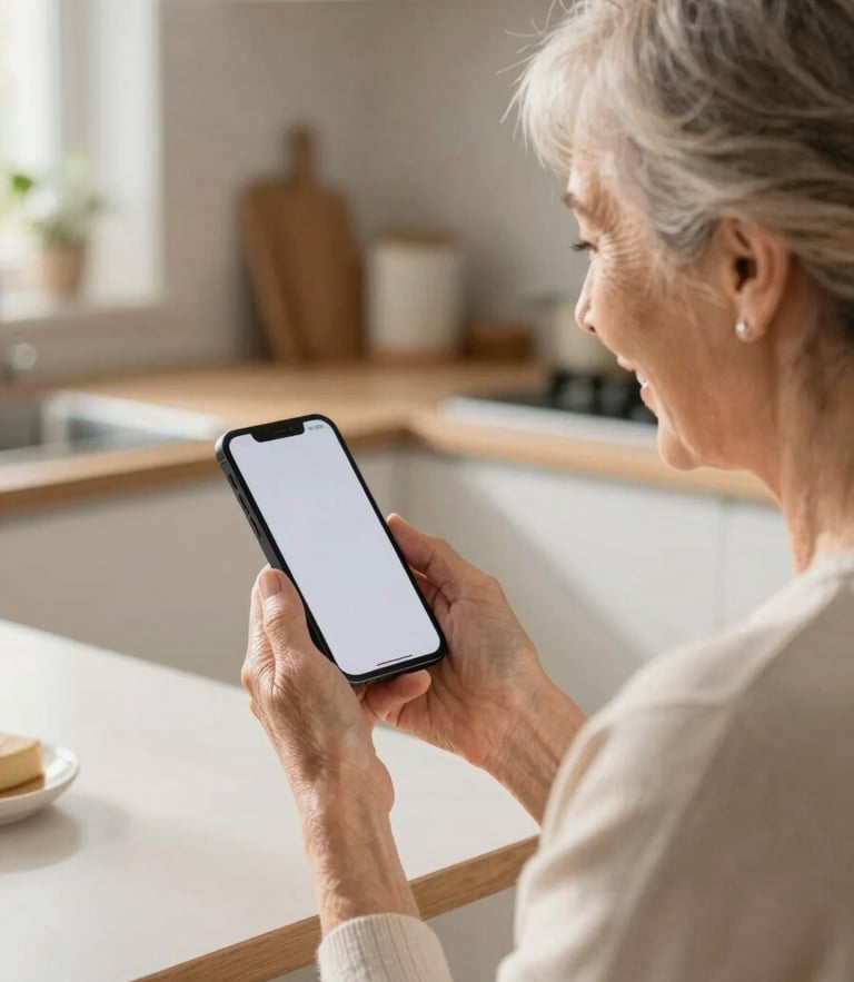 Over-the-shoulder view of a senior woman sitting in a sunlit kitchen, smiling as she looks at a clean smartphone screen, warm daylight, relaxed and confident atmosphere.