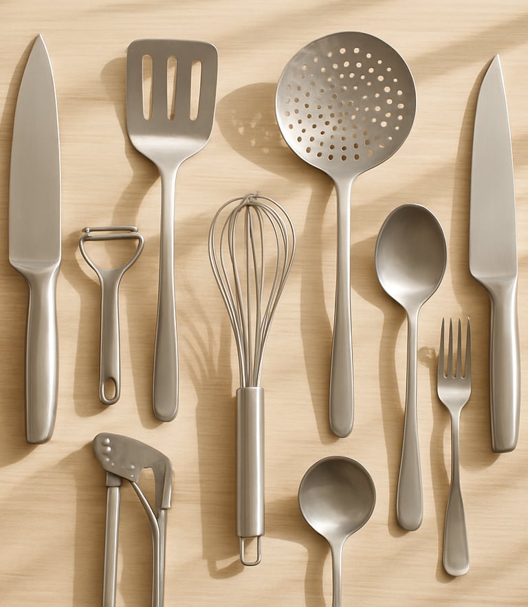 Overhead flat lay of neatly organized steel kitchen tools on a light wooden counter, bright natural morning daylight, soft organic shadows