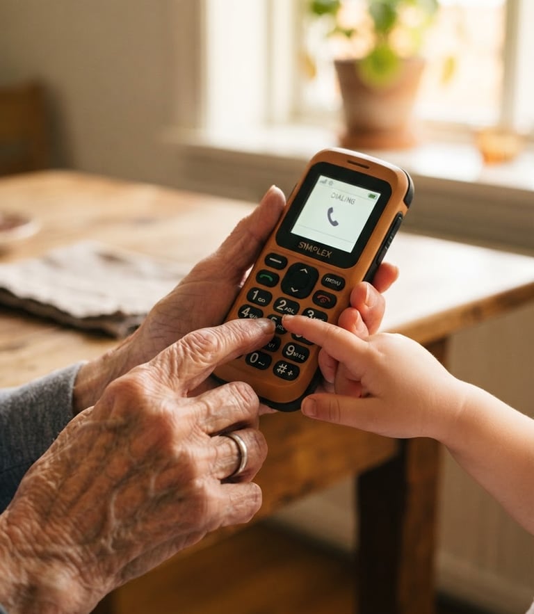 Close-up of hands of different generations holding a warm-toned mobile device with large tactile buttons, soft natural window light, shallow depth of field, 35mm