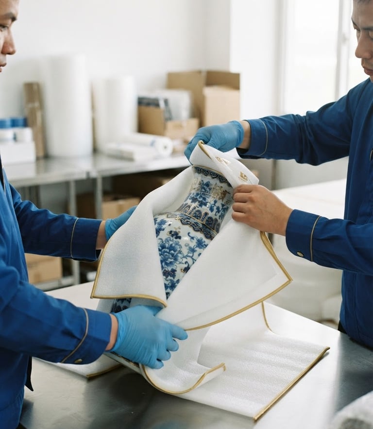 Close-up of professional packers in royal blue uniforms wrapping a delicate porcelain vase in protective gold-trimmed foam, bright daylight, 35mm lens