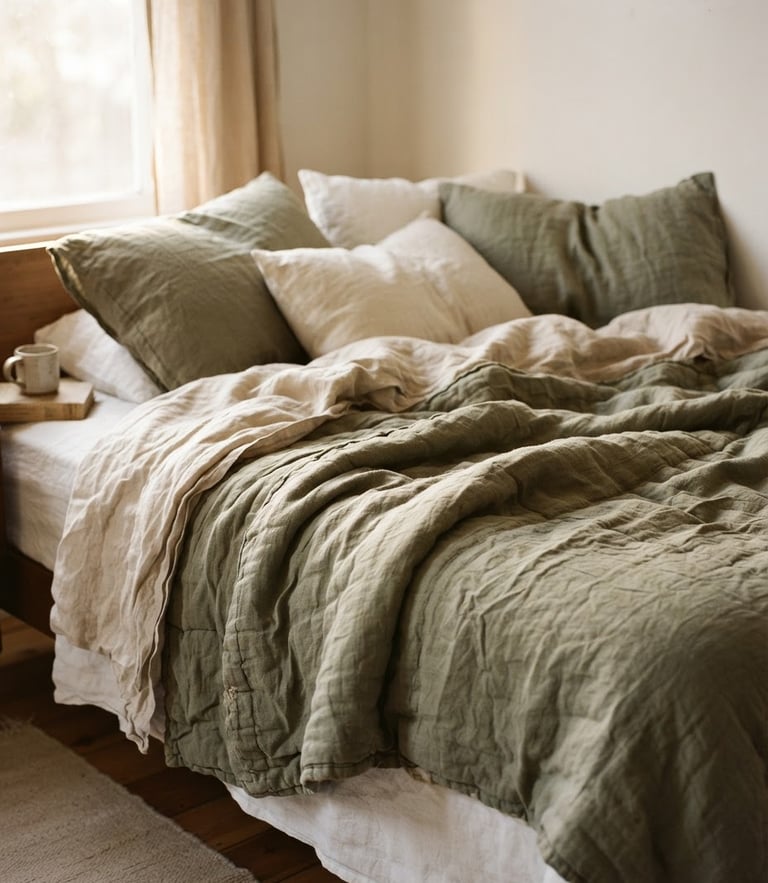 Soft afternoon side-light falling across an unmade bed layered with a heavy-weight linen quilt, unpressed texture, 35mm photography