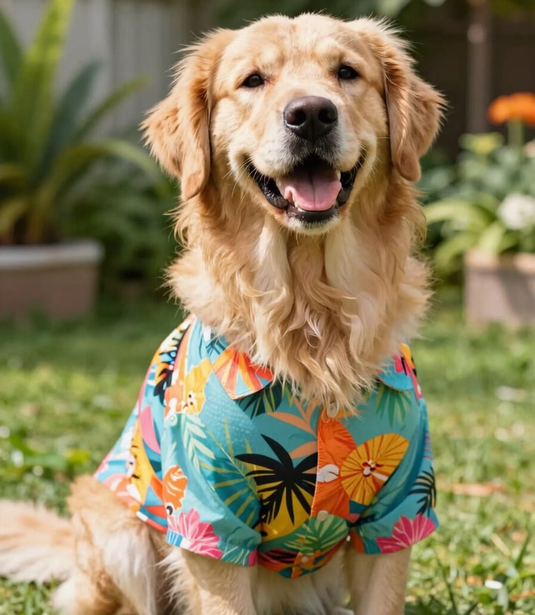 A joyful golden retriever wearing a colorful tropical print shirt, sitting happily in a sunlit garden, vibrant lifestyle pet photography, shallow depth of field