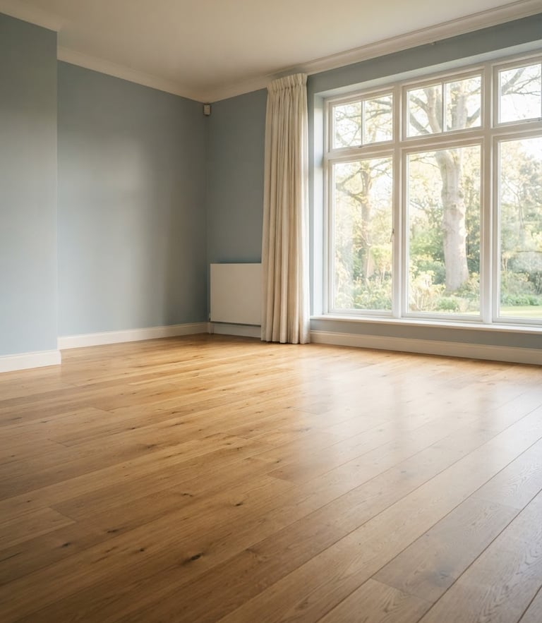 A beautifully cleared, clean, and swept living room with sunlight streaming through a large window, empty wooden floor, calm and respectful atmosphere