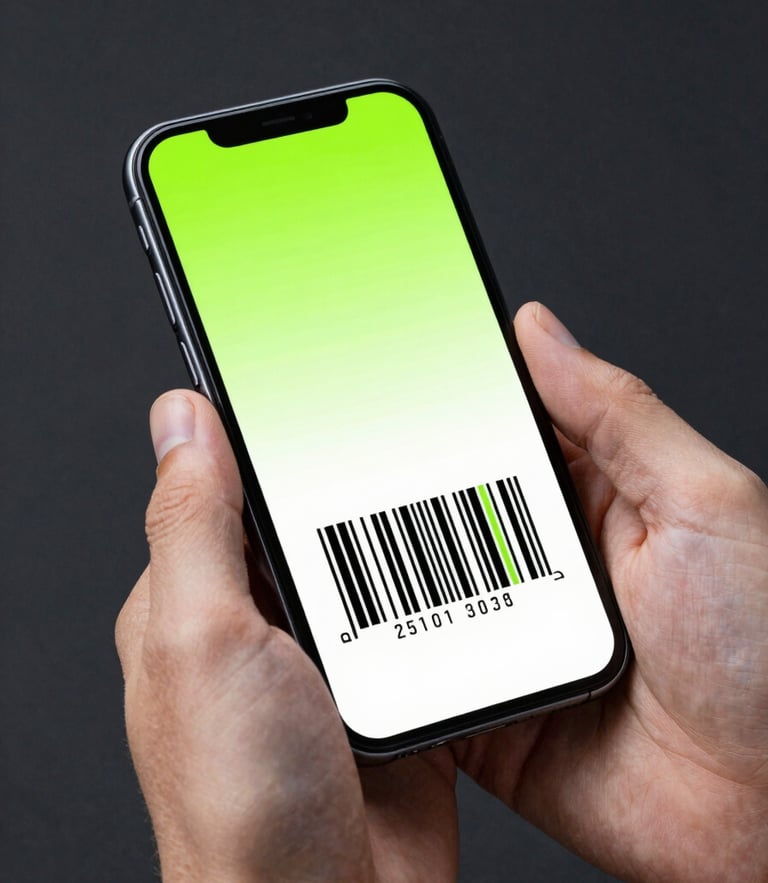 Bright high-key product photography, close-up of hands holding a smartphone displaying a glowing digital barcode, vibrant neon green accents, deep charcoal studio background, sharp focus, 35mm