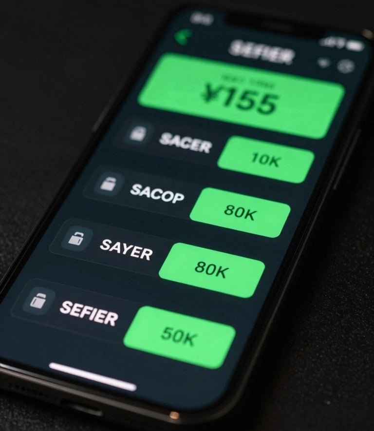 Close-up of a smartphone displaying real-time delivery sales notifications, vibrant green light accents, high-contrast dark background, cinematic commercial photography