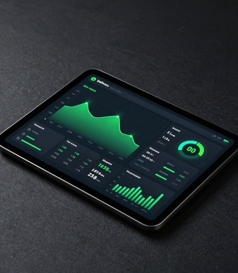 High-contrast mockup of a modern delivery sales dashboard on a tablet screen, glowing green graphs, sales metrics, dark graphite background, cinematic commercial photography