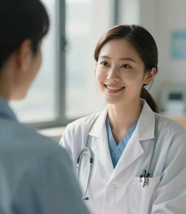 A professional female physician in a warm, sunlit clinic environment, smiling gently, collaborative setting, soft natural window light, calming muted blue and sage tones, shallow depth of field