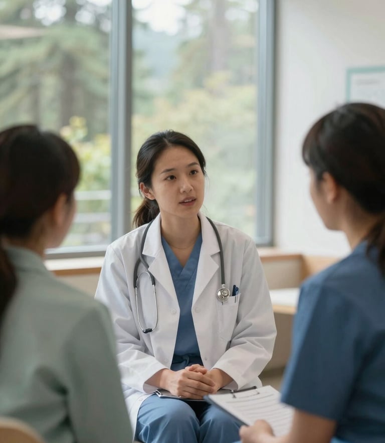 A warm editorial photograph of a female physician in collaborative discussion with a colleague in a bright, modern clinic with soft natural window light, Pacific Northwest forest visible outside.