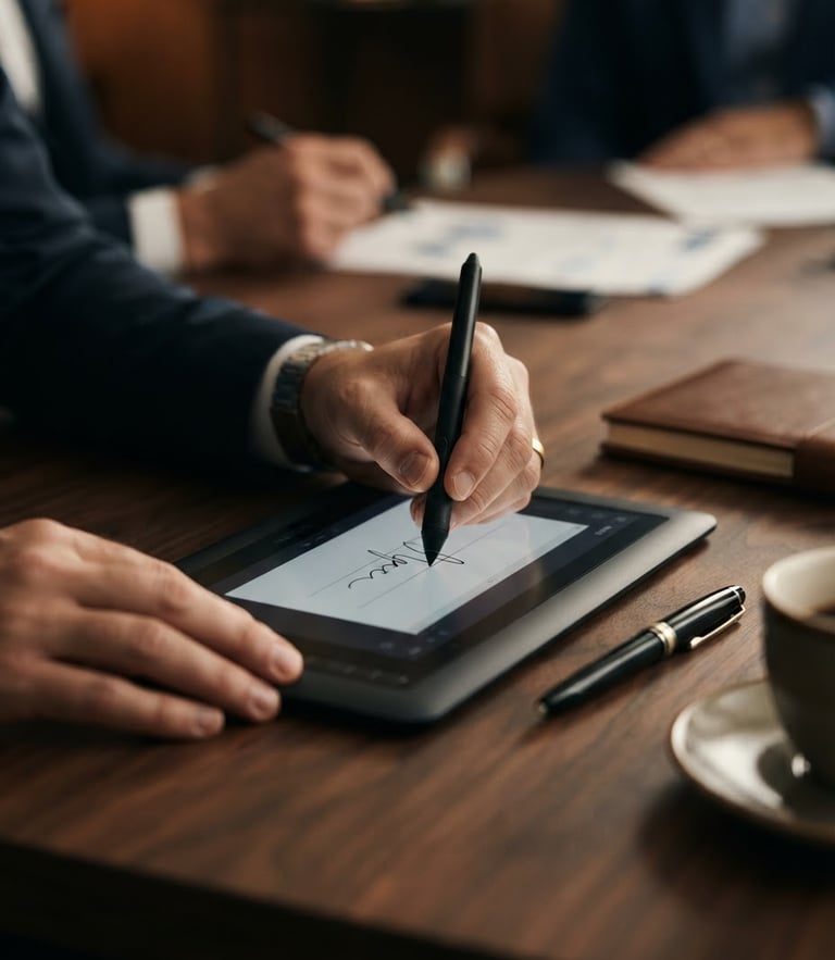 Editorial financial photography, close-up of hands signing a digital tablet on a dark wooden table, warm bronze undertones, deep matte shadows, 35mm lens