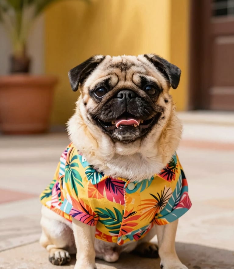 Bright cheerful pet photography, a happy pug wearing a colorful custom tropical shirt in a sunlit Mexican patio, warm daylight, shallow depth of field