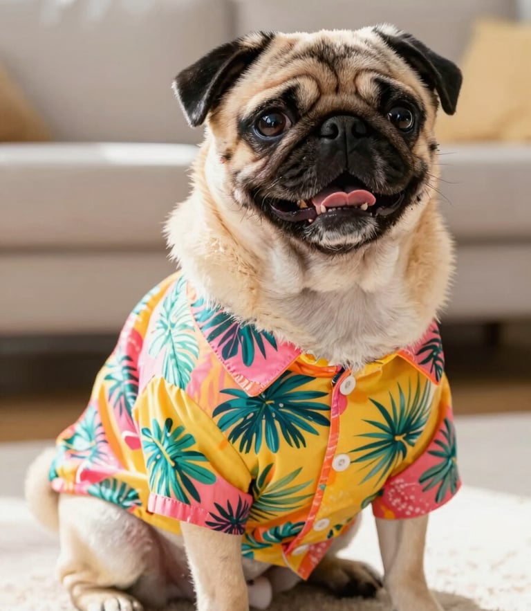 A happy, comfortable pug wearing a vibrant custom tailored tropical shirt, sitting in a bright sunlit living room, eye-level shot, warm daylight.