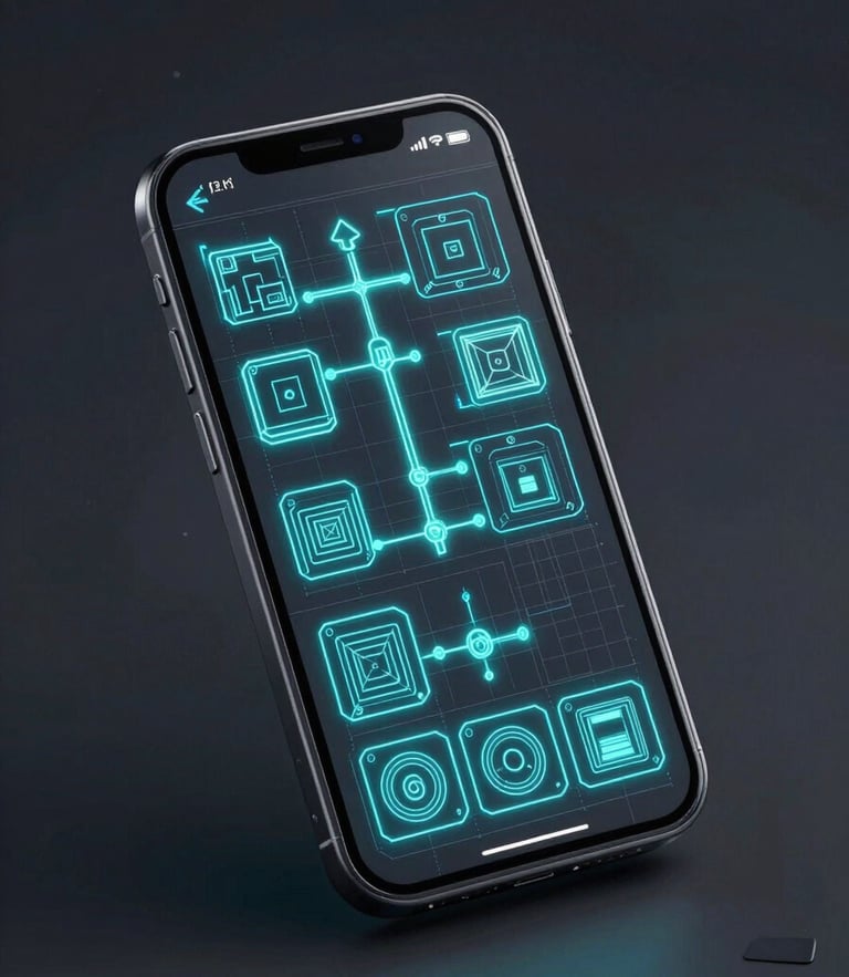 Isometric vector schematic of a mobile device interface with glowing neon cyan wireframes on an obsidian background, showcasing clean technical game design layout