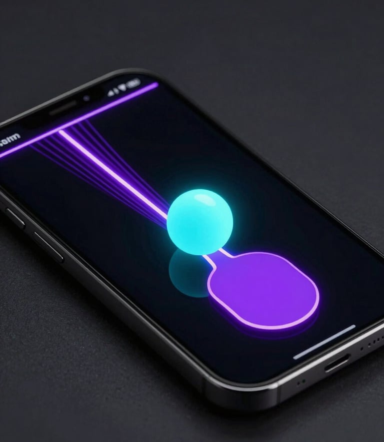 Isometric close-up of a modern smartphone running Pong1, showing a glowing neon cyan ball bouncing off a sharp electric violet paddle, vector trajectory lines, high-contrast dark room lighting.