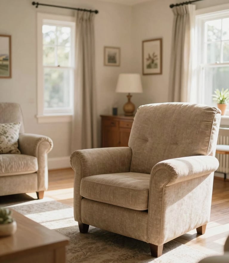 Warm editorial photography of a sunlit residential care home living room, comfortable armchairs, soft natural daylight, inviting atmosphere