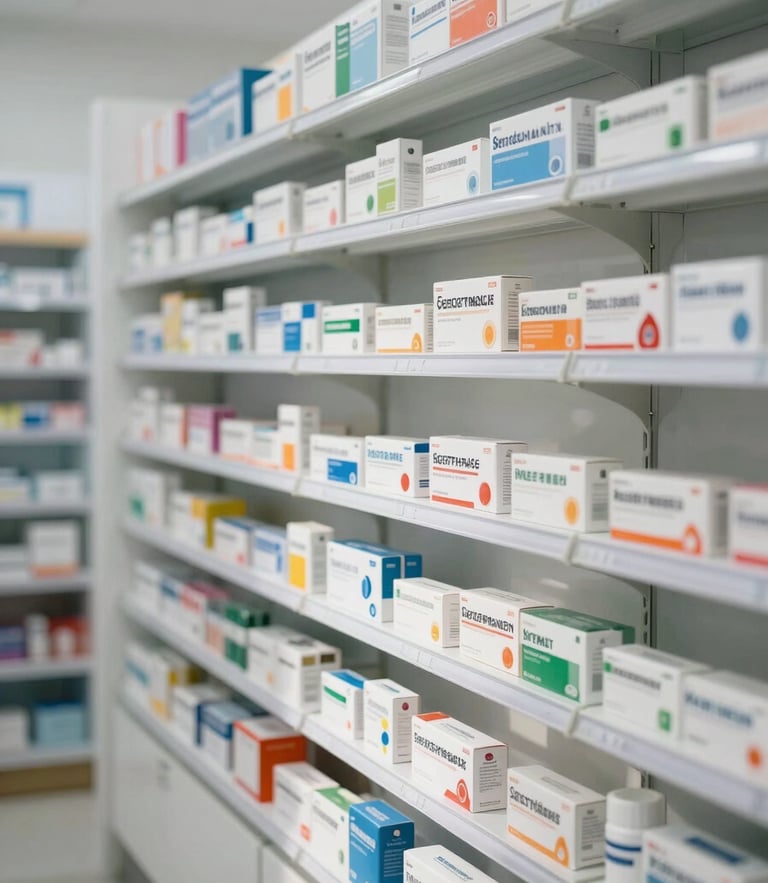 Bright, clean, well-organized pharmacy interior with white shelves stocked with genuine medicine packaging, natural daylight, professional clinical atmosphere.