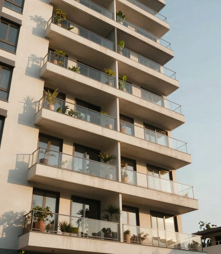 Wide-angle eye-level shot of a modern Indian residential building exterior, warm afternoon sun, clean contemporary architecture, balconies with green potted plants.