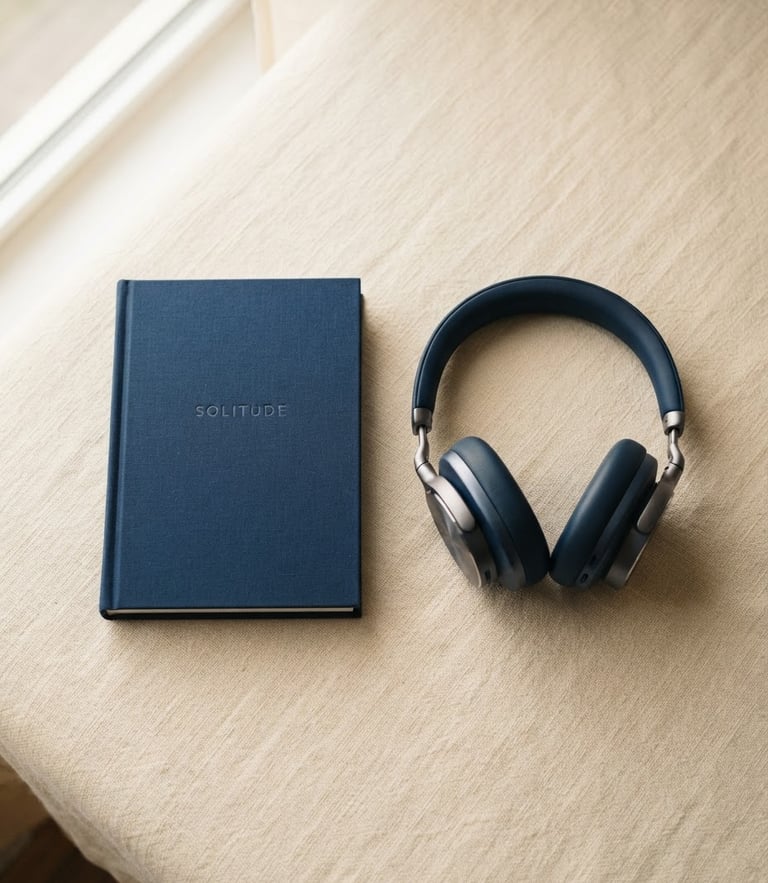 Flatlay of a minimalist book cover next to sleek modern headphones on a warm cream linen surface, soft natural window light
