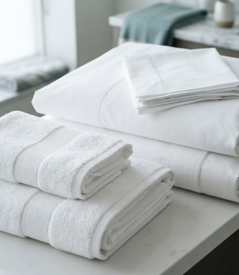 Macro shot of neatly folded white hospitality towels and premium bedding sets under clean neutral daylight, showing crisp fabric textures and clean weave patterns.