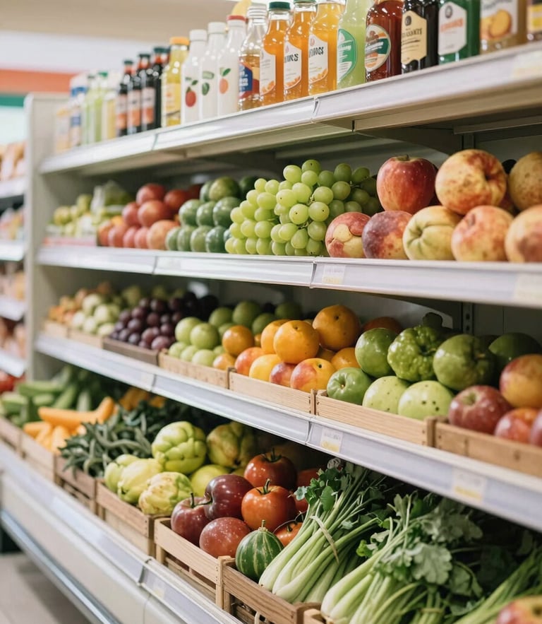 Bright editorial photography of a beautifully organized local grocery store shelf in Ooty, soft morning light, fresh fruits and vegetables in wooden crates, 35mm