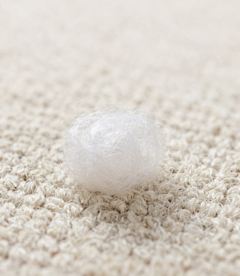 Macro shot of clean, structured wool carpet fibers, bright natural daylight, soft focus background, professional editorial style
