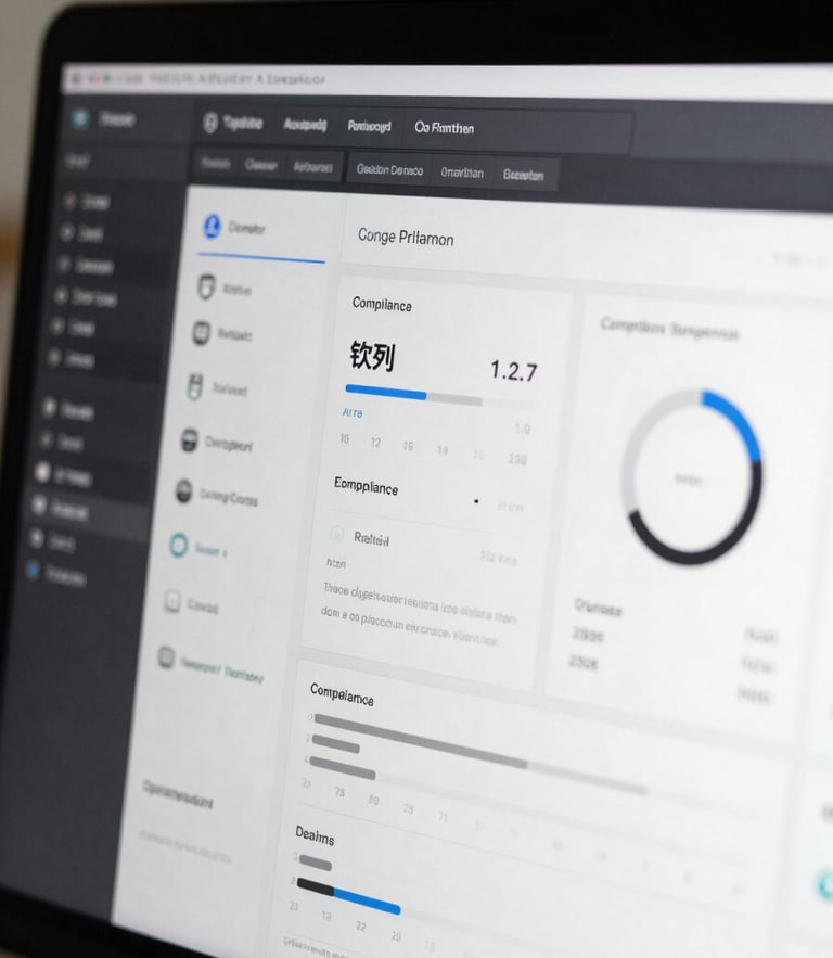 Macro shot of a clean, modern software dashboard displaying data compliance metrics, monochrome slate interface, sharp focus, neutral daylight.