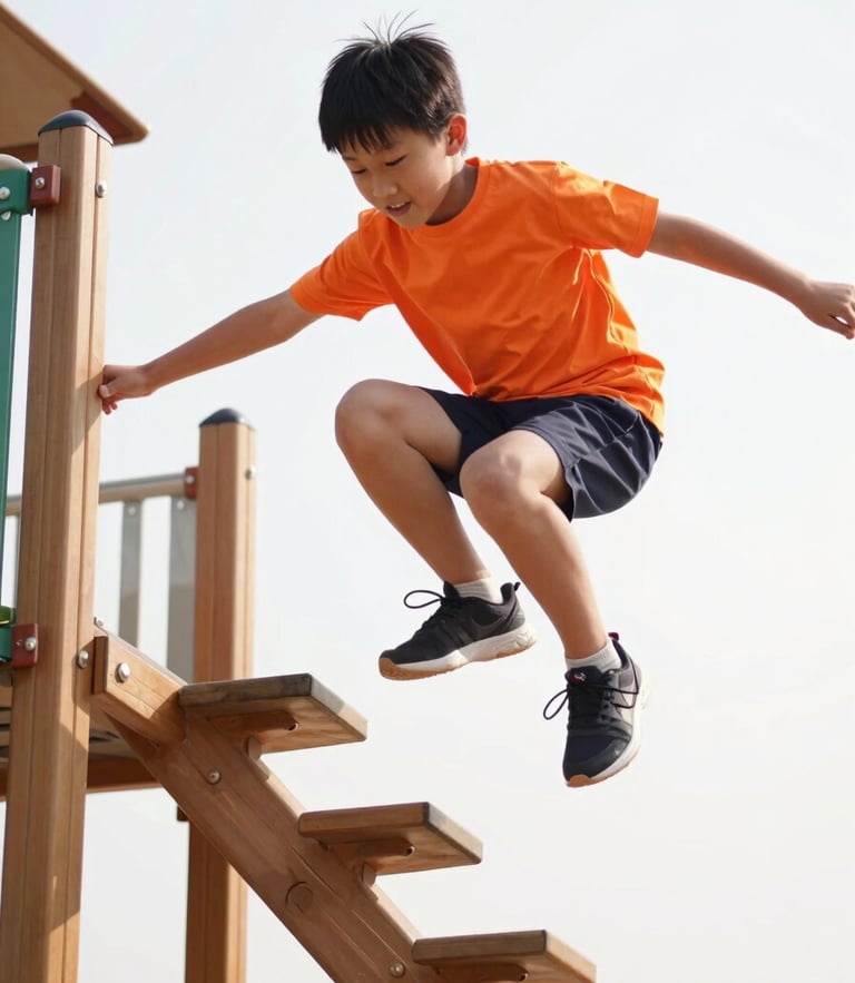 Low-angle action shot of an energetic young boy in a bright orange t-shirt jumping off a wooden playground structure, bright natural sunlight, crisp shadows
