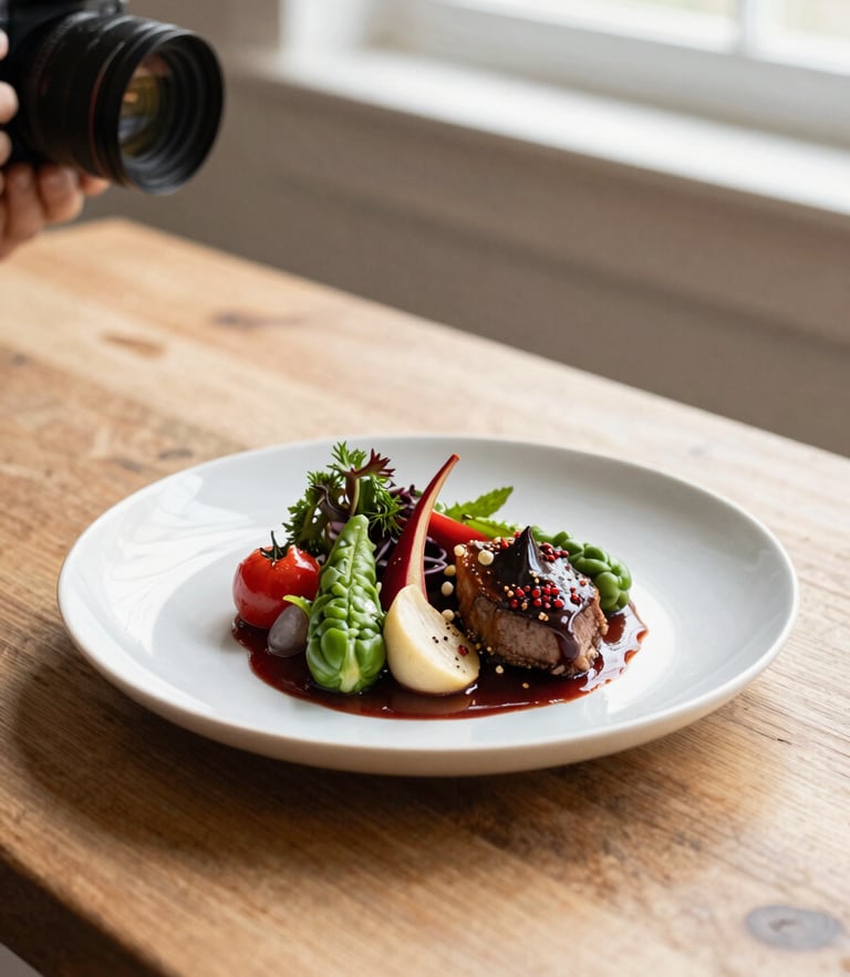 A professional photographer capturing a beautifully plated dish with fresh ingredients on a light rustic wooden table, soft morning window light, warm editorial gastronomy photography, 35mm