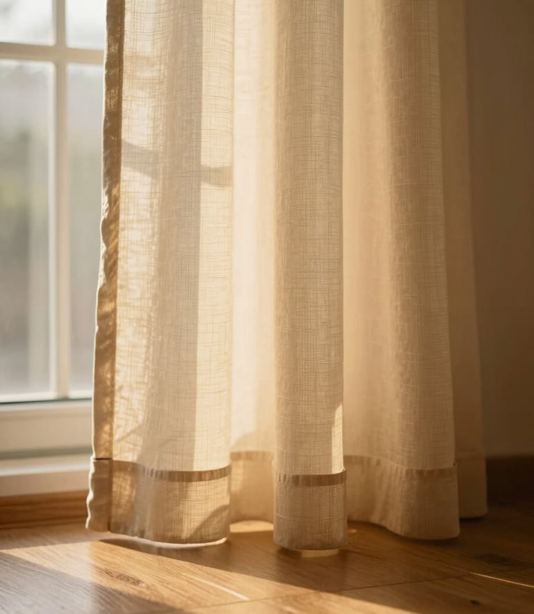 Close-up of a rod pocket curtain filtering soft golden hour morning light onto a wooden floor, shallow depth of field, 35mm