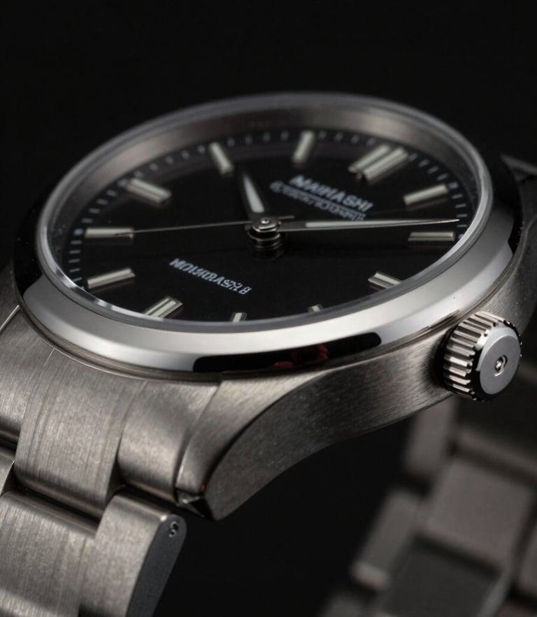Macro close-up of a MaimAshi luxury watch styled on a wrist in a low-key, dramatic studio environment, emphasizing the polished metallic surfaces.