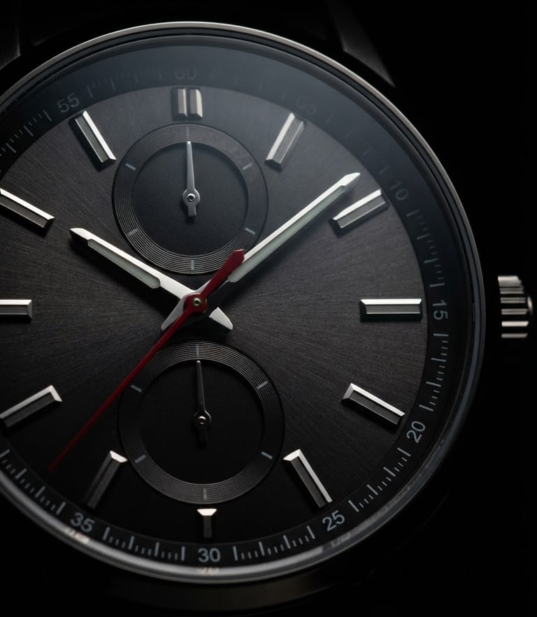 Macro close-up of a MaimAshi watch dial, dramatic low-key studio lighting with sharp rim lights highlighting the metallic edges and crimson second hand against pure black.