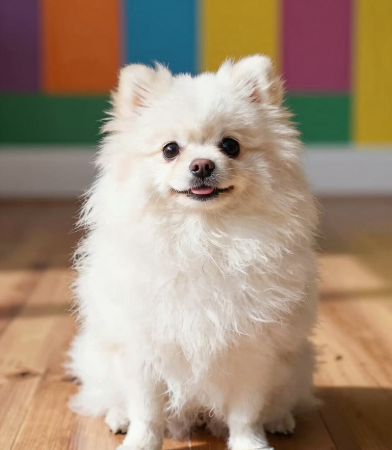 A fluffy white Pomeranian post-grooming, sitting proudly on a warm wooden floor, bright natural daylight, vibrant colorful background, shallow depth of field, 35mm.