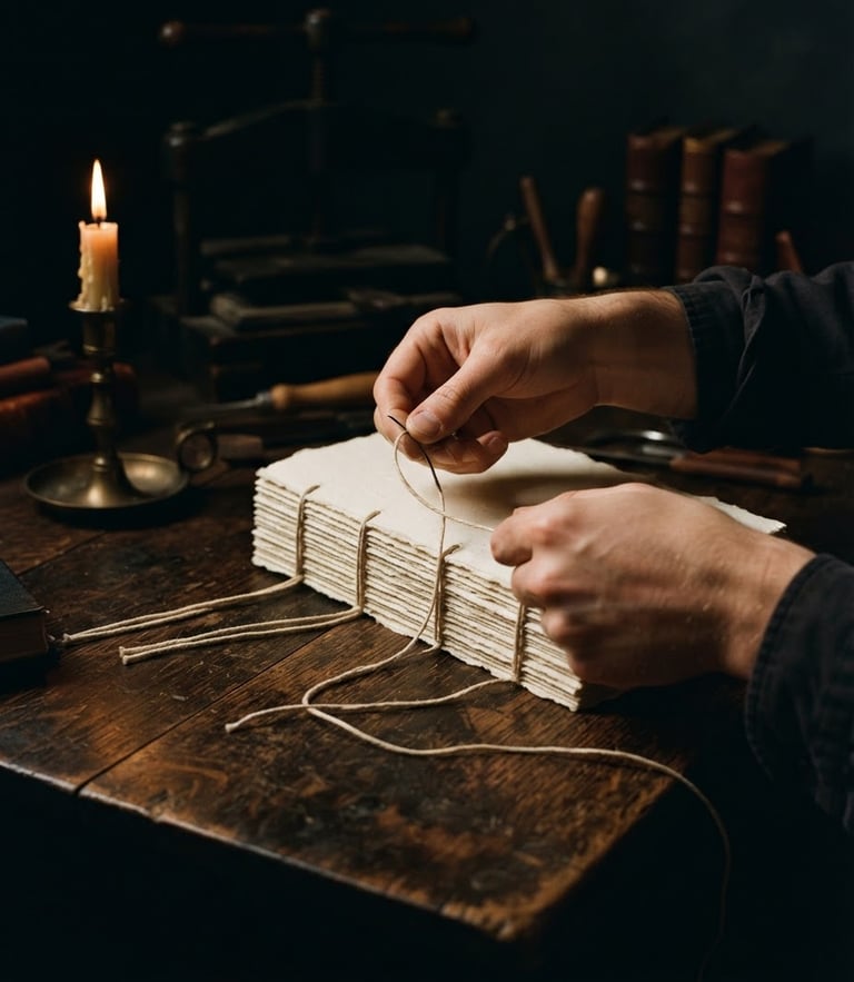 Moody dark academia photography, chiaroscuro candlelight, a close-up of hands sewing book signatures with thick linen thread on a dark wooden table, warm parchment tones, rich textures, 35mm film