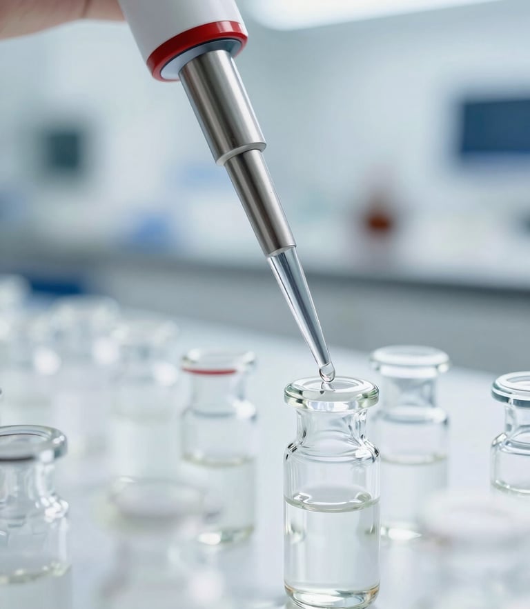 Macro close-up of a clinical pipetting action in a bright, modern laboratory, clean white light reflecting off glass vials.