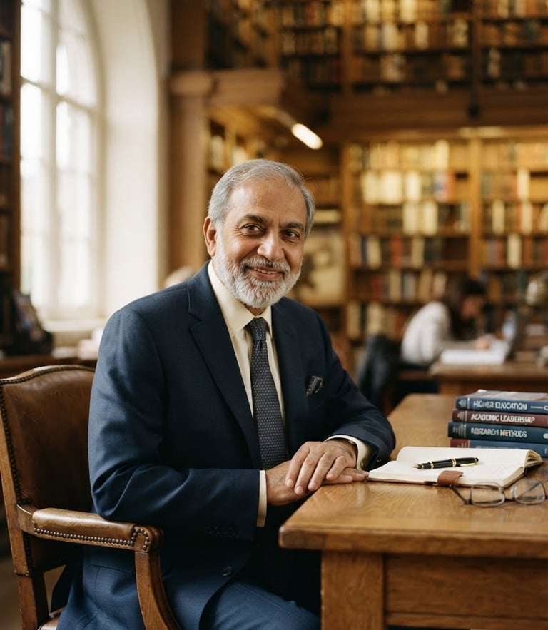 Dignified portrait of veteran academic consultant Athar Moeen Khan in a warm-toned library, soft window light, deep navy suit, scholarly atmosphere