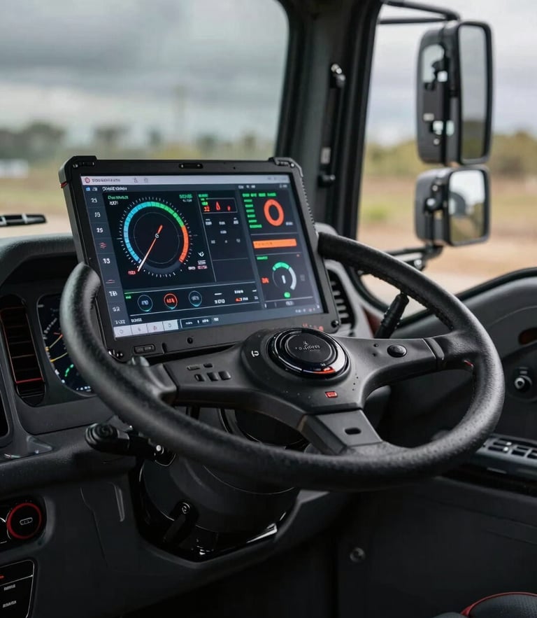 A rugged diagnostic laptop sitting on a heavy-duty truck steering wheel, showing active engine parameter modifications in a dark cabin.