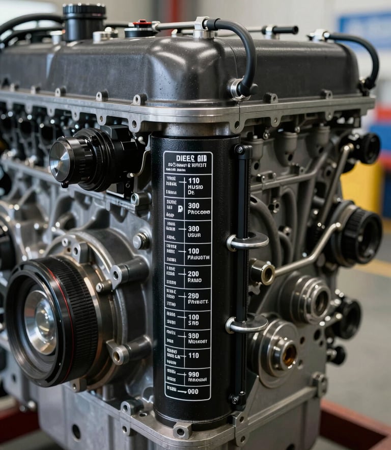 Close-up macro shot of a heavy-duty diesel engine plate showing model specifications under harsh service bay lighting
