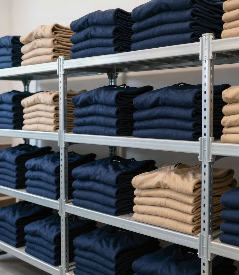 A crisp, professional medium shot of organized clothing inventory stacked neatly on high steel racks inside a modern, well-lit warehouse, bright daylight, navy and sand tones, 35mm.