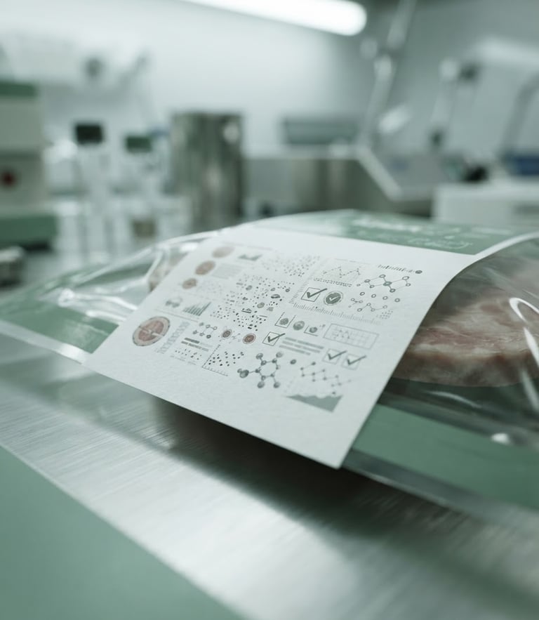 A close-up of a food packaging label being analyzed in a clean laboratory environment under bright white clinical lighting, desaturated green and steel tones, sharp focus, 50mm lens