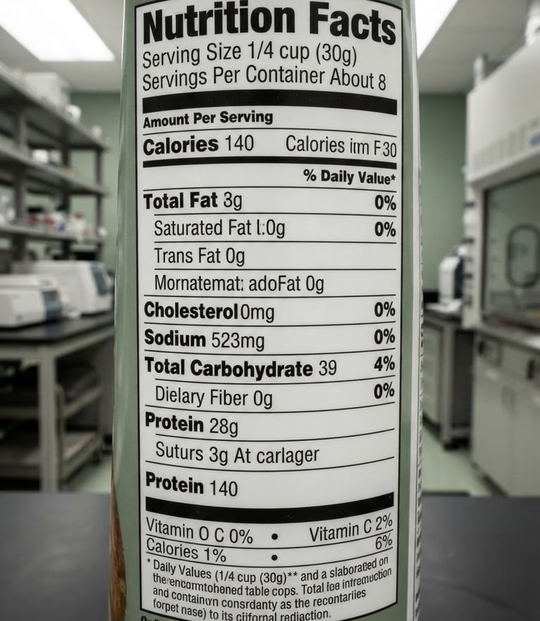 A close-up of a food nutrition facts panel being analyzed under clean laboratory lighting, sharp focus on regulatory text, desaturated green and steel tones