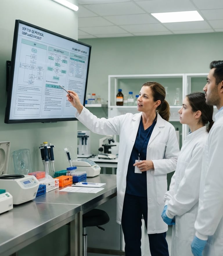 Clinical laboratory setting, a professional instructor pointing to a structured technical compliance document on a screen, bright white lighting, desaturated green and steel tones, sharp focus, 50mm lens.