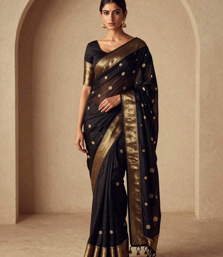 Editorial full-body portrait of a model in a rich royal saree, high-contrast studio lighting with soft gold undertones, architectural minimalist background