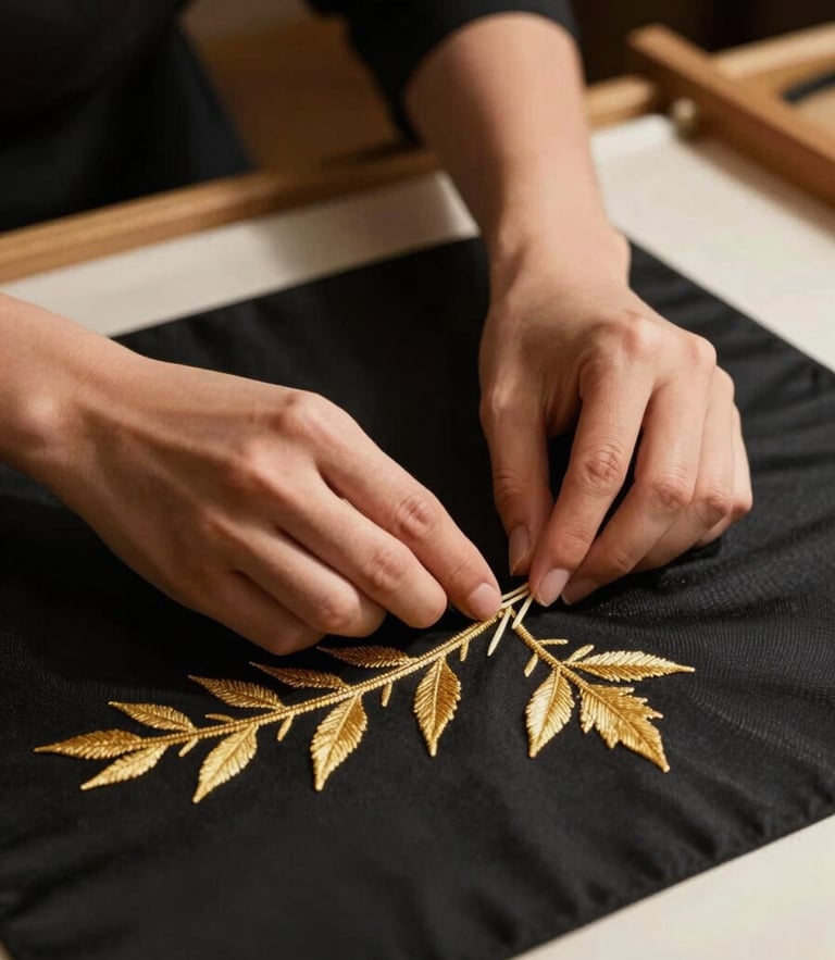 A close-up of hands working on golden embroidery on a rich black fabric, warm studio lighting, dramatic shadows, premium editorial fashion photography