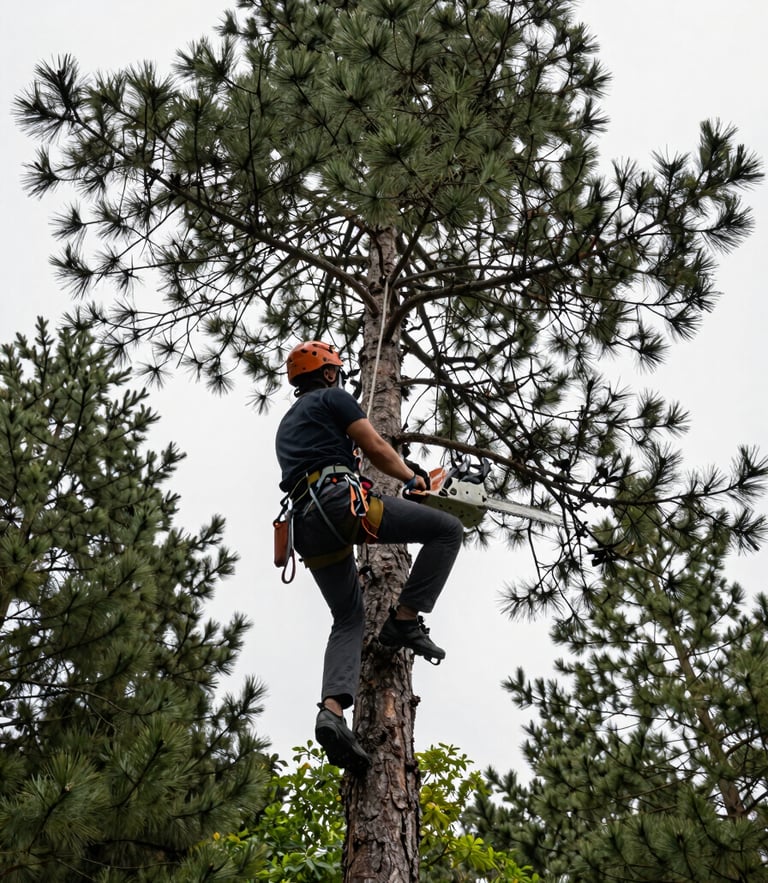 Dynamic low-angle shot of a professional tree climber wearing a safety harness high up in a mature pine tree, chainsaw in hand, natural overcast daylight.