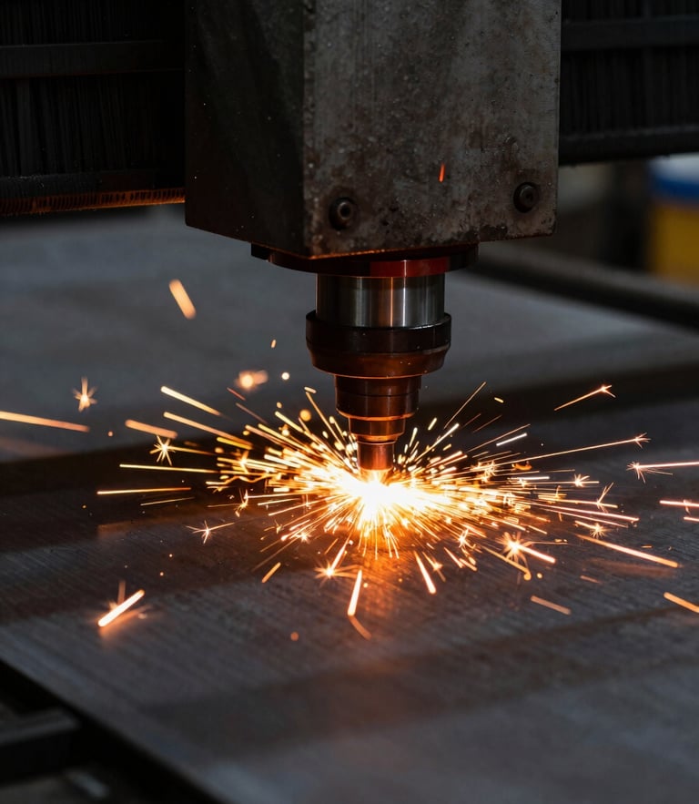Close-up of a high-precision fiber laser cutting head emitting intense orange sparks as it cuts through a thick steel plate, high-contrast industrial lighting, dramatic workshop background, 35mm photography