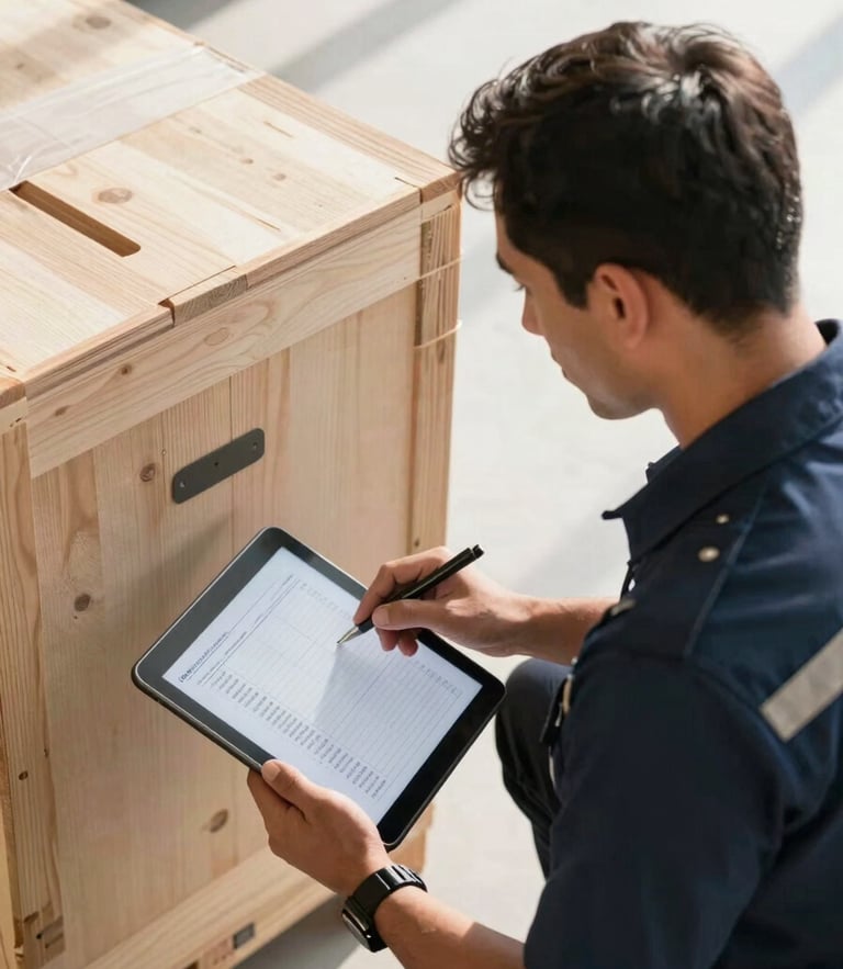 Tight, high-angle shot of a professional uniformed logistics coordinator in Dubai holding a tablet, cross-referencing a digital inventory list next to a securely wrapped wooden shipping crate, bright morning light.