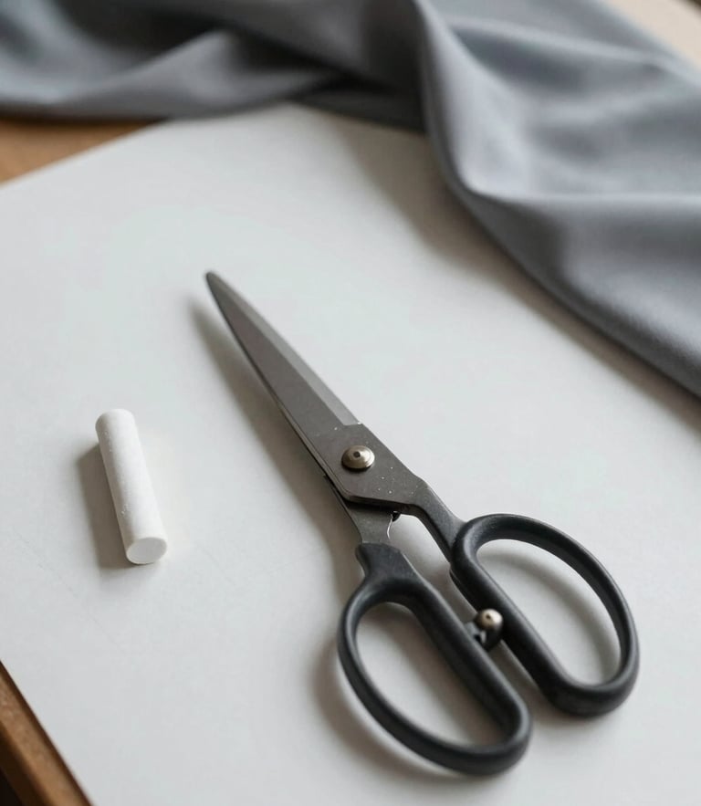 Close-up of a minimalist pattern-drafting table with heavy shears, tailor's chalk, and draped gray silk-crepe fabric under soft, diffused natural daylight.