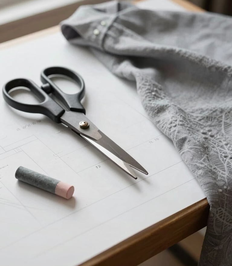 A close-up photograph of a pattern-drafting table with heavy shears, tailor's chalk, and a soft gray linen garment draped over the edge under soft, diffused window light.