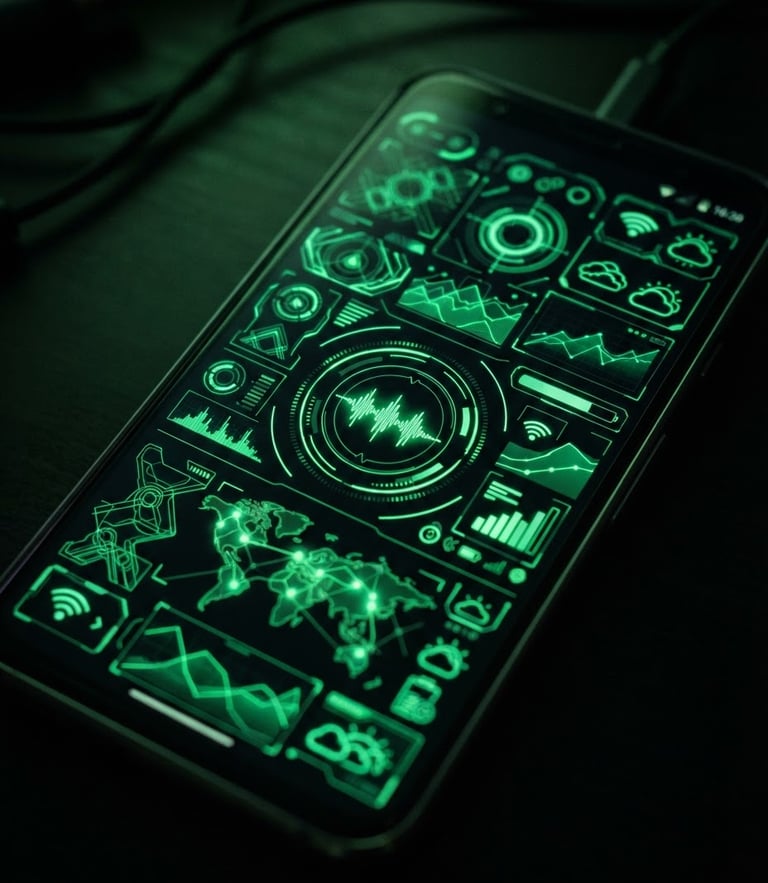 Macro close-up of a physical Android screen showing custom neon green vector widgets, high contrast, low-key lighting, 35mm.